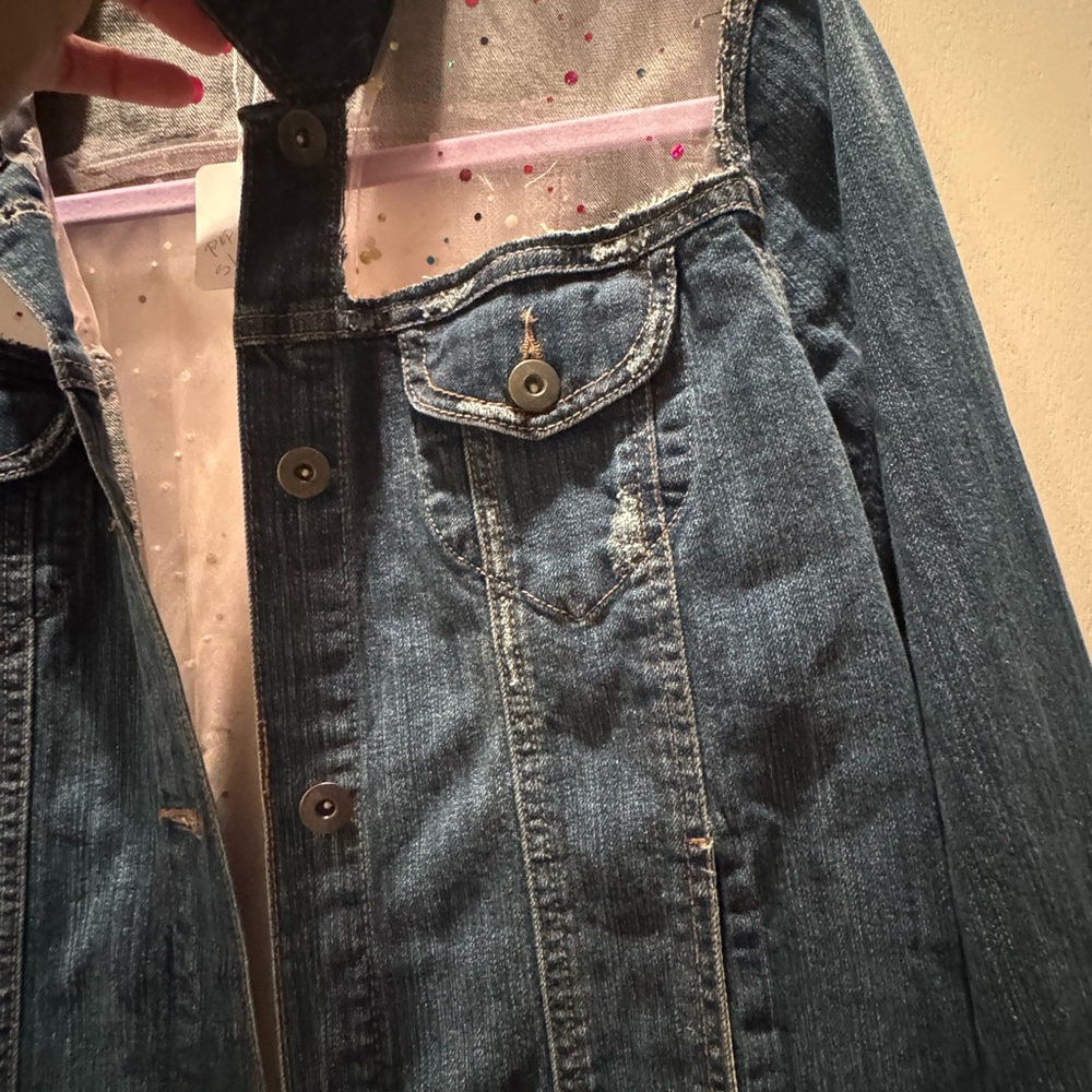 Women’s Boutique unique Dark Blue Denim Jacket with Sheer Polka-Dot Yoke - Picture 6 of 7